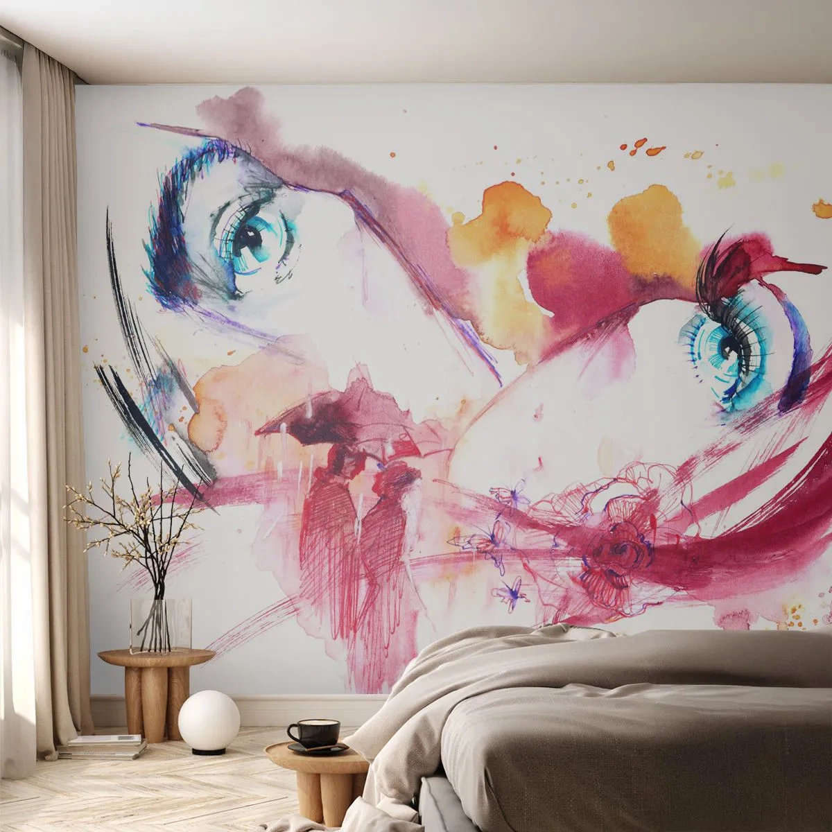 Zelfklevend Fotobehang Deluxe Sticker - De wereld gedijt in nabijheid - Abstractie, Het gezicht van de vrouw, Vrouwelijke ogen - 250x175 cm