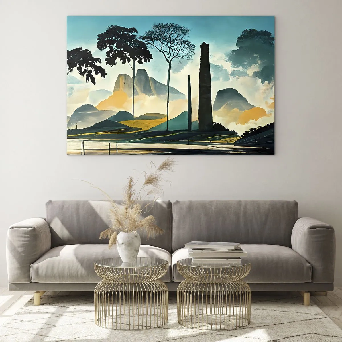 Schilderen op glas - Een fantasielandschap met bergen, bomen en een torenhoge rots - 70x50cm - Nog hoger en hoger - Moderne wanddecoratie voor woonkamer en slaapkamer ARTTOR