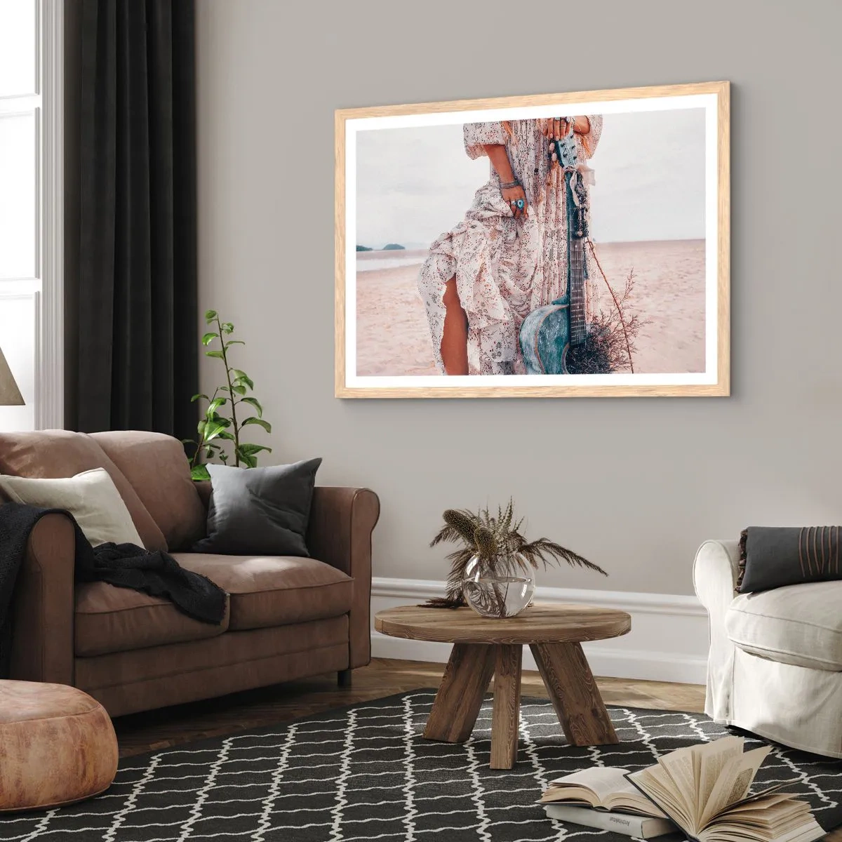 Een poster in een licht eiken lijst - Kinderen bloemen onderweg - 100x70 cm