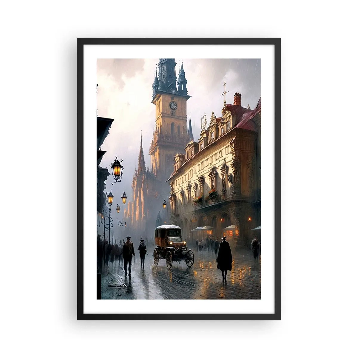 Poster in een zwarte lijst - Historische stad bij schemering met een historisch voertuig - 50x70cm - De charme van een Praagse avond - Moderne wanddecoratie voor woonkamer en slaapkamer ARTTOR