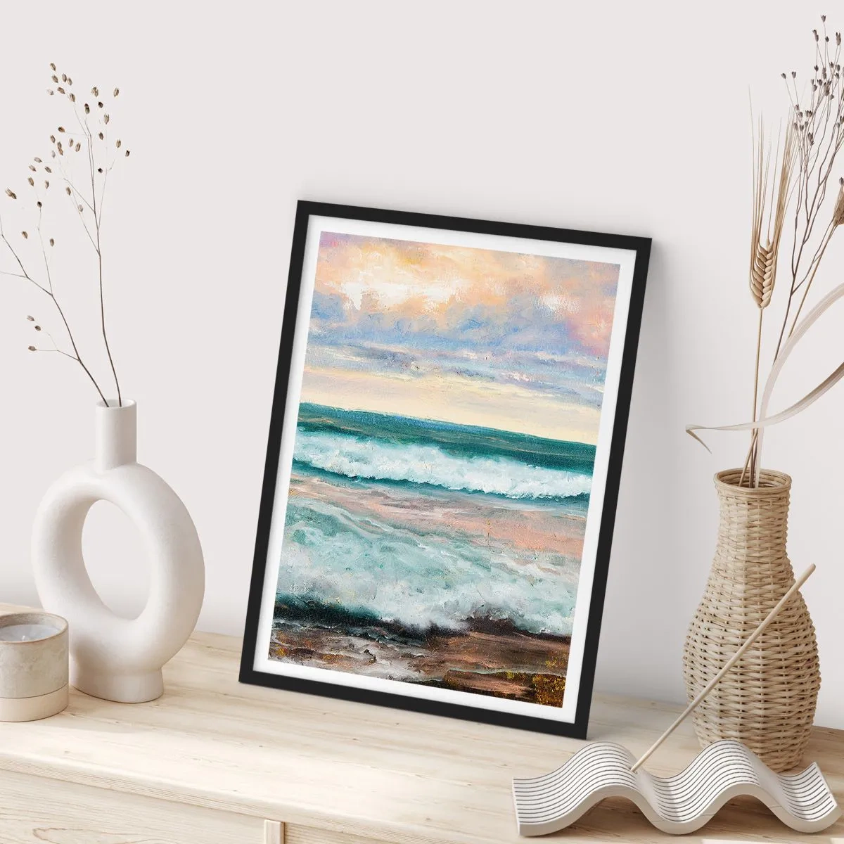 Poster in een zwarte lijst - Zee golven bij zonsondergang - 50x70cm - Hier maak je je ziel glad - Moderne wanddecoratie voor woonkamer en slaapkamer ARTTOR