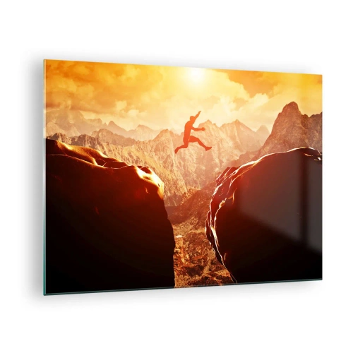 Schilderen op glas - Over een kloof springen in een berglandschap bij zonsondergang - 70x50cm - Grenzen overschrijden - Moderne wanddecoratie voor woonkamer en slaapkamer ARTTOR