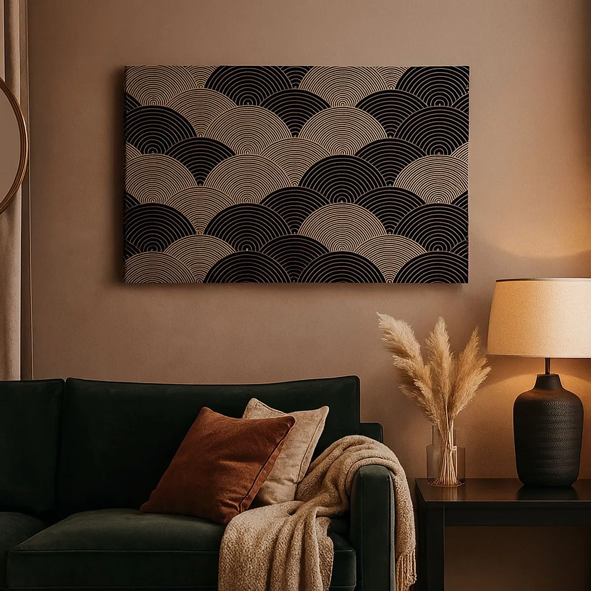 Schilderen op canvas - Art Deco-patroon met halve cirkels en gouden lijnen - 70x50cm - Eenheid in veelheid - Moderne wanddecoratie voor woonkamer en slaapkamer ARTTOR