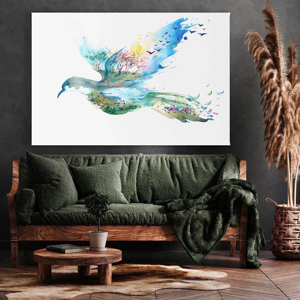 Schilderen op canvas - Aquarelcompositie van een vogel met elementen uit de natuur - 70x50cm - Op de vleugels van de natuur - Moderne wanddecoratie voor woonkamer en slaapkamer ARTTOR