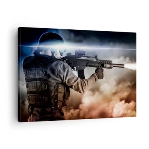 Schilderen op canvas - Een soldaat in actie met een geweer tegen een achtergrond van wolken en licht. - 70x50cm - Gewoon een held - Moderne wanddecoratie voor woonkamer en slaapkamer ARTTOR