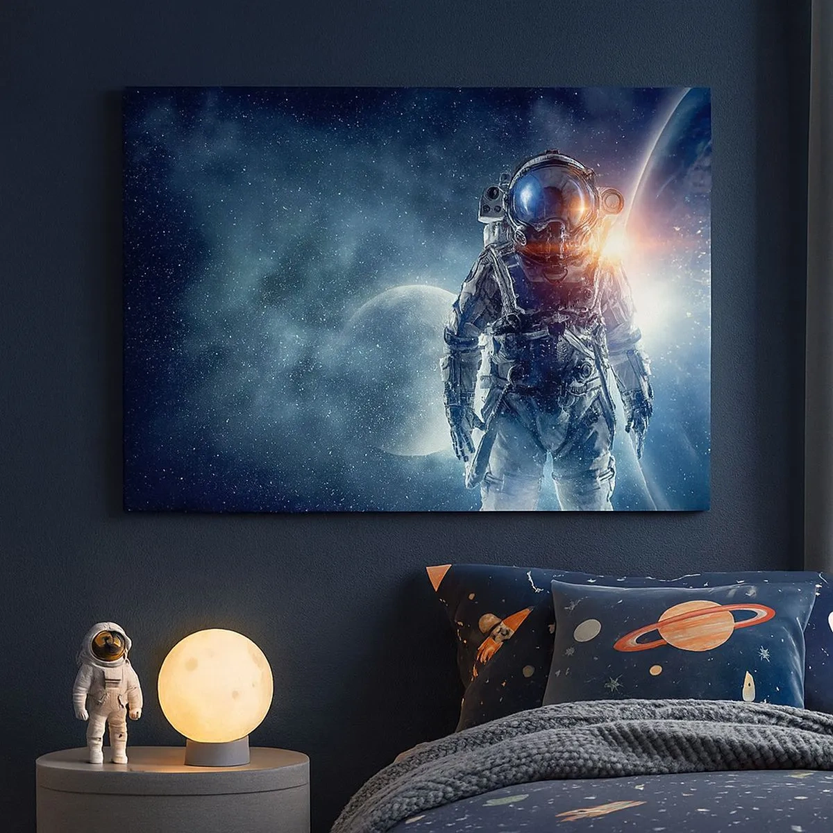 Schilderen op canvas - Astronaut tegen de achtergrond van de ruimte en planeet Aarde - 70x50cm - Ruimte avontuur - Moderne wanddecoratie voor woonkamer en slaapkamer ARTTOR