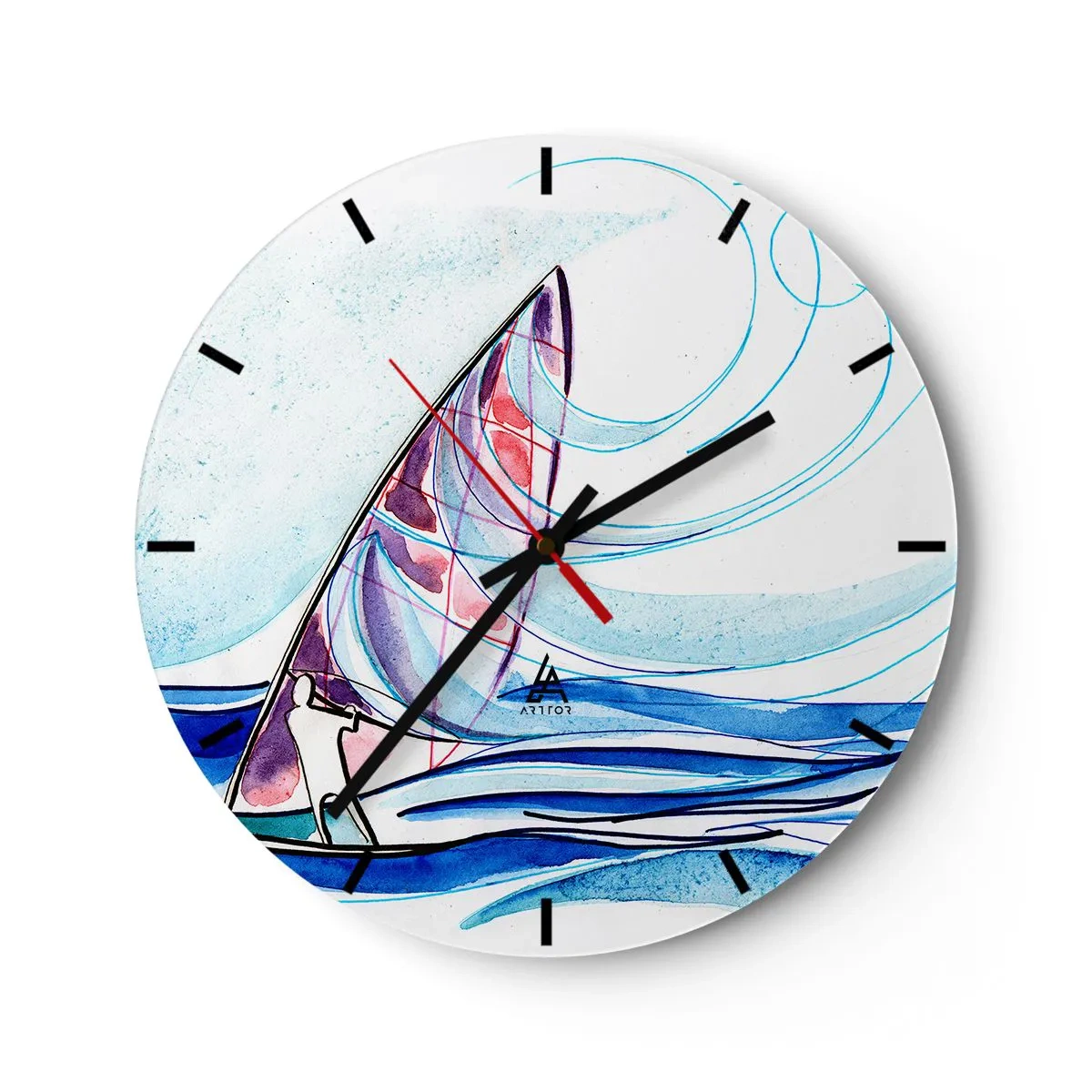 Wandklok - Klok - Een zeilboot op een stormachtige zee in een dynamische, abstracte vorm - 30x30cm - Met de wind op het ritme van de golven - Moderne wanddecoratie voor woonkamer, keuken en slaapkamer ARTTOR