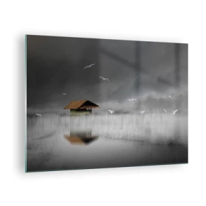Schilderen op glas - Een huis aan het water in de mist met vliegende vogels - 70x50cm - Beschutting tegen regen - Moderne wanddecoratie voor woonkamer en slaapkamer ARTTOR