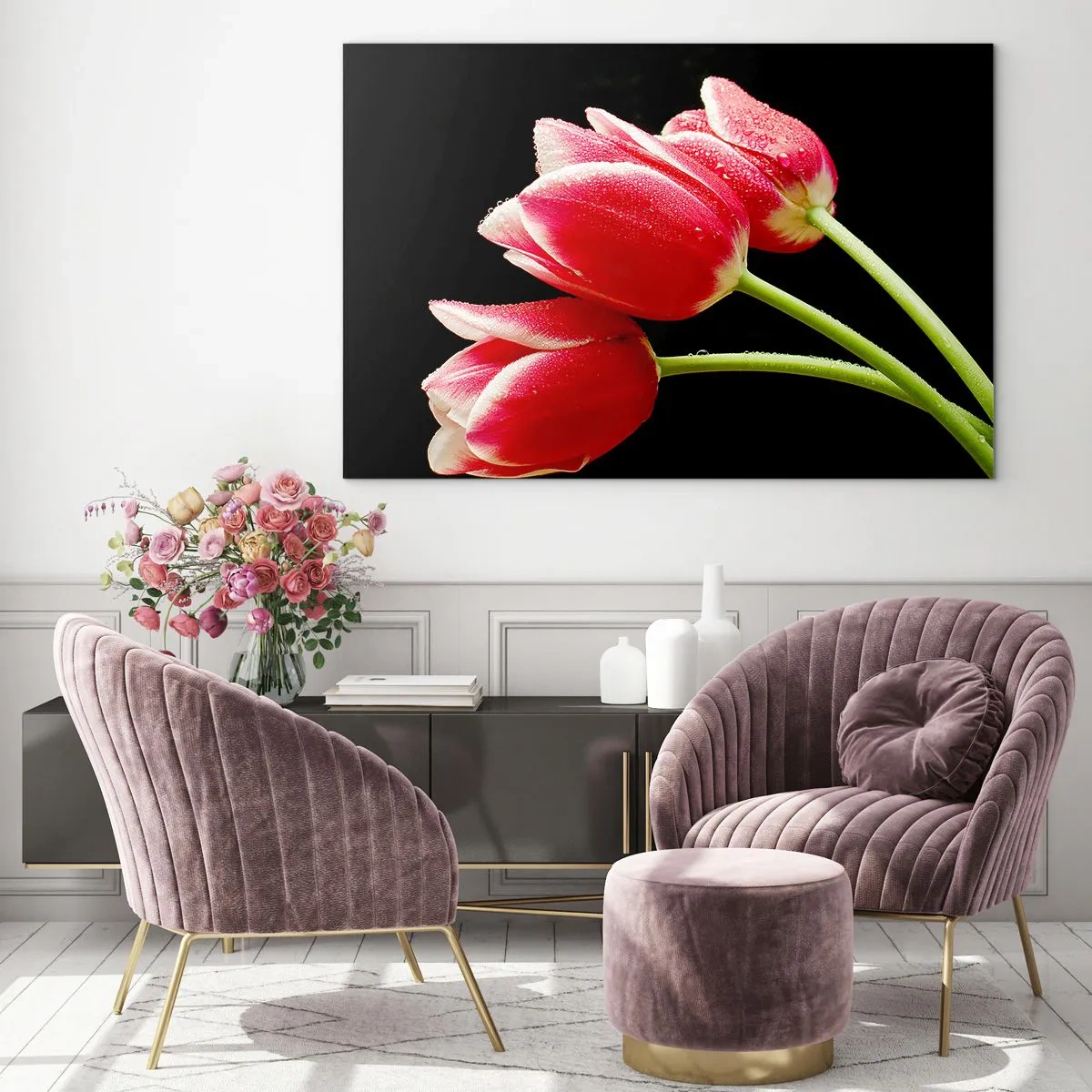 Schilderen op glas - Rode tulpen met dauwdruppels op een zwarte achtergrond - 70x50cm - Een belofte van pure liefde - Moderne wanddecoratie voor woonkamer en slaapkamer ARTTOR