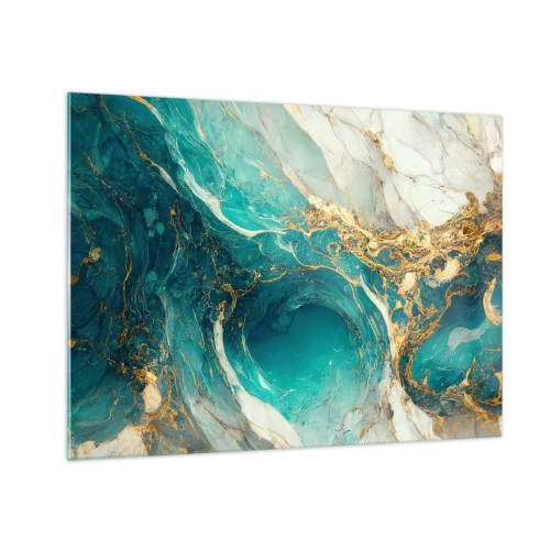 Schilderen op glas - Abstracte compositie met turquoise en gouden aderen - 70x50cm - Compositie met goudaders - Moderne wanddecoratie voor woonkamer en slaapkamer ARTTOR