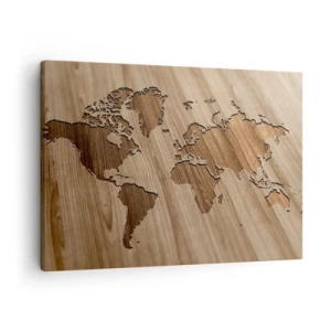 Schilderen op canvas - Een wereldkaart uitgesneden op een houten oppervlak - 70x50cm - De wereld ligt op tafel - Moderne wanddecoratie voor woonkamer en slaapkamer ARTTOR