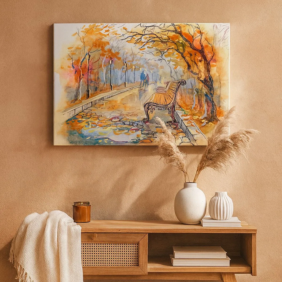 Schilderen op canvas - Een herfstpark met een bankje in waterverf - 70x50cm - Samen wandelen in de herfst - Moderne wanddecoratie voor woonkamer en slaapkamer ARTTOR