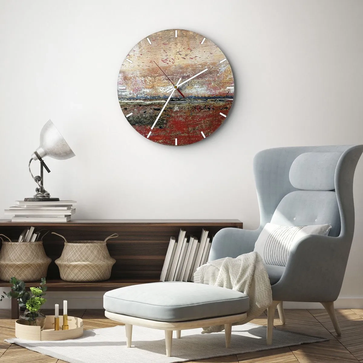 Wandklok - Klok - Een abstract landschap met textuur en warme aardtinten. - 30x30cm - Wellicht is het de zee - Moderne wanddecoratie voor woonkamer, keuken en slaapkamer ARTTOR