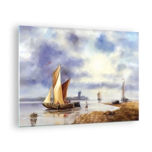 Schilderen op glas - Zeilboten op een kalm meer met windmolens op de achtergrond - 70x50cm - De terugkeer van zeelieden - Moderne wanddecoratie voor woonkamer en slaapkamer ARTTOR