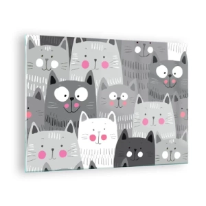 Schilderen op glas - Grappige katten in grijze kleuren op een witte achtergrond - 70x50cm - De wereld van de kat - Moderne wanddecoratie voor woonkamer en slaapkamer ARTTOR