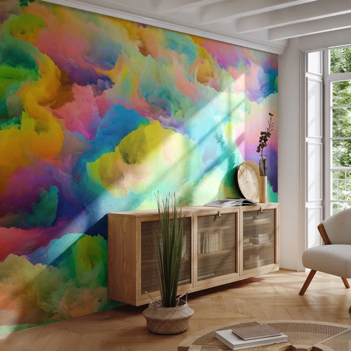 Fotobehang Standard Eco - Een abstracte kleurenwolk in intense kleuren - 100x70cm - Regenboog dons - Moderne wanddecoratie voor woonkamer en slaapkamer ARTTOR