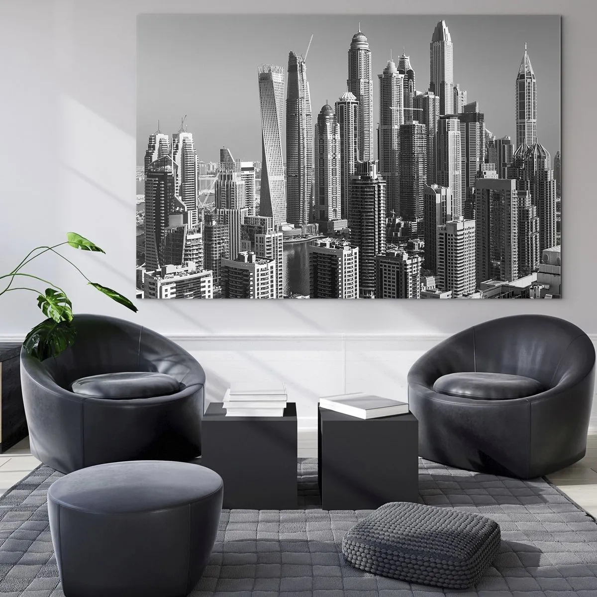Schilderen op glas - Zwart-wit panorama van wolkenkrabbers in de stad - 70x50cm - Stad in de woestijn - Moderne wanddecoratie voor woonkamer en slaapkamer ARTTOR