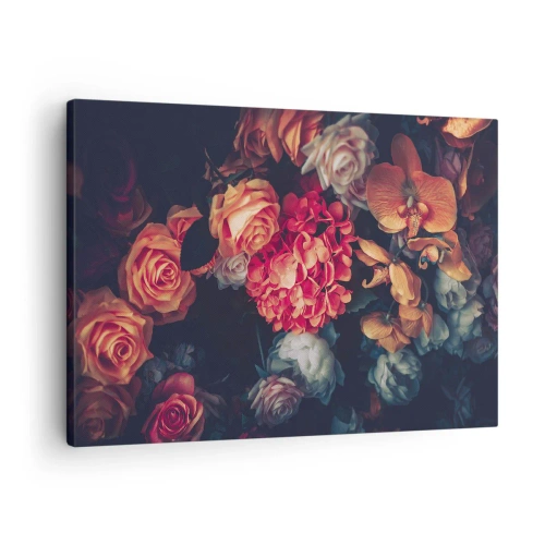 Schilderen op canvas - Een boeket van verschillende bloemen in donkere tinten - 70x50cm - Zoals bij de Hollandse meesters - Moderne wanddecoratie voor woonkamer en slaapkamer ARTTOR
