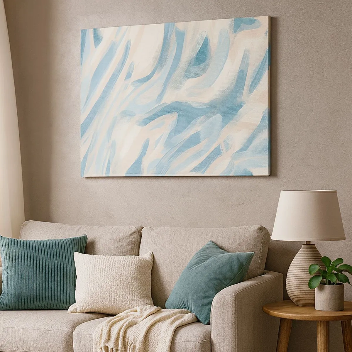 Schilderen op canvas - Abstracte blauwe strepen op een lichte achtergrond - 70x50cm - Lente briesjes - Moderne wanddecoratie voor woonkamer en slaapkamer ARTTOR