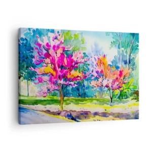 Schilderen op canvas - Kleurrijke bomen in een park in aquarelstijl - 70x50cm - Regenboogtuin in het lentelicht - Moderne wanddecoratie voor woonkamer en slaapkamer ARTTOR