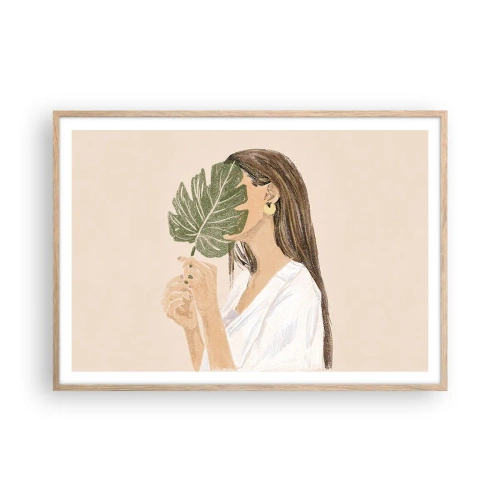 Een poster in een licht eiken lijst - Mysterieus portret met een waaier - 100x70 cm
