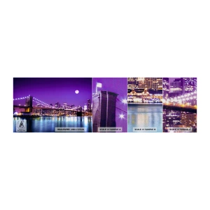 Fotobehang Monster Premium Canvas - De lichten van de grote stad in paars - Stad, New York, Brooklyn Bridge - 100x30 cm