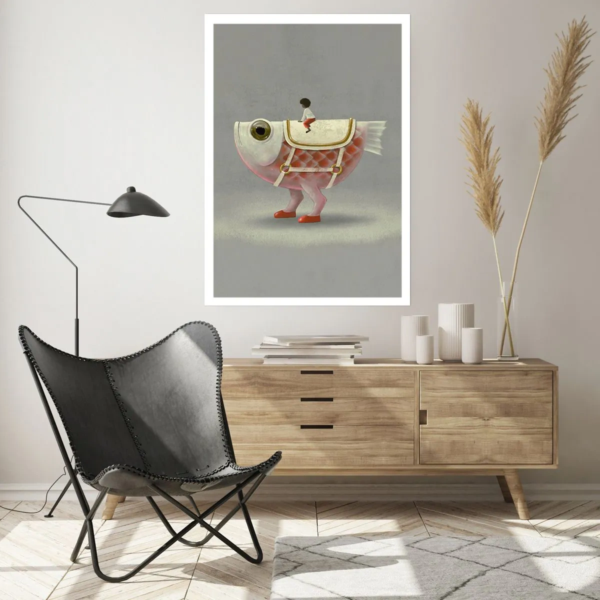 Poster - Ruiter op een surrealistische vis - 70x100 cm