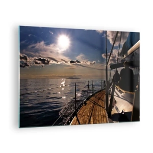 Schilderen op glas - Een zeilboottocht richting zonsondergang - 70x50cm - Zeilen naar de zon - Moderne wanddecoratie voor woonkamer en slaapkamer ARTTOR