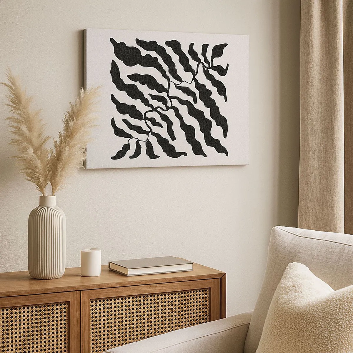 Schilderen op canvas - Takjes met bladeren in zwart op een lichte achtergrond - 70x50cm - Natuur van een vierkant - Moderne wanddecoratie voor woonkamer en slaapkamer ARTTOR