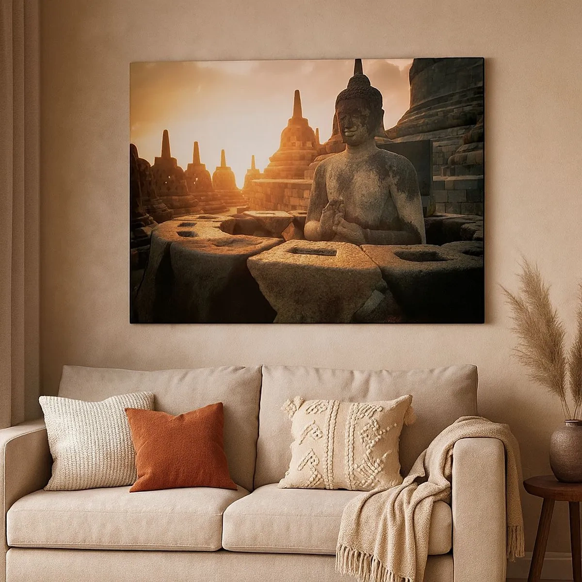 Schilderen op canvas - Boeddhabeeld bij de Borobudur-tempel bij zonsondergang - 70x50cm - Weer van grote wijsheid - Moderne wanddecoratie voor woonkamer en slaapkamer ARTTOR