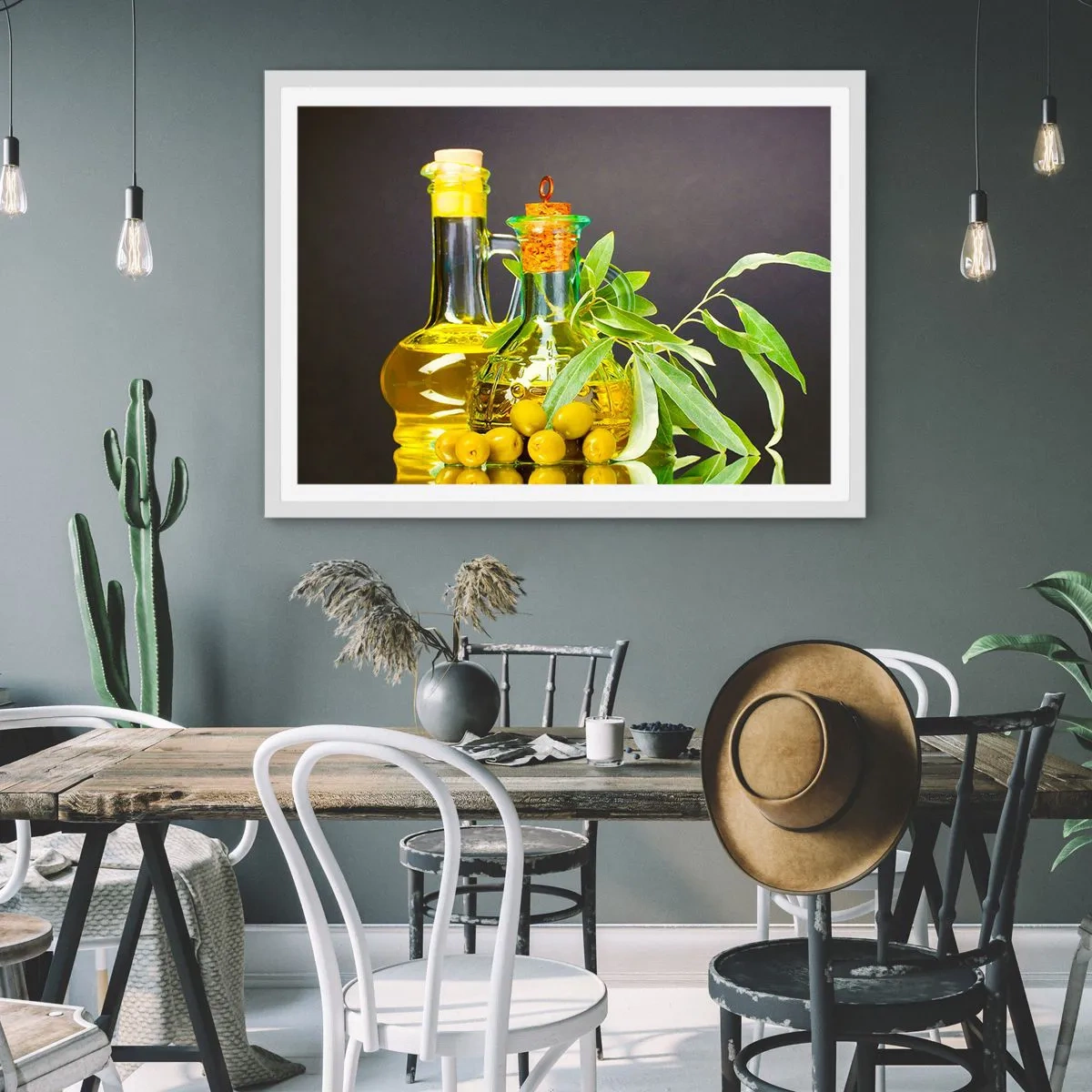 Poster in een witte lijst - Stilleven met olijven en olijfolie - 70x50 cm