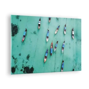 Schilderen op glas - Boten op turquoise water van bovenaf gezien - 70x50cm - In blijde verwachting - Moderne wanddecoratie voor woonkamer en slaapkamer ARTTOR