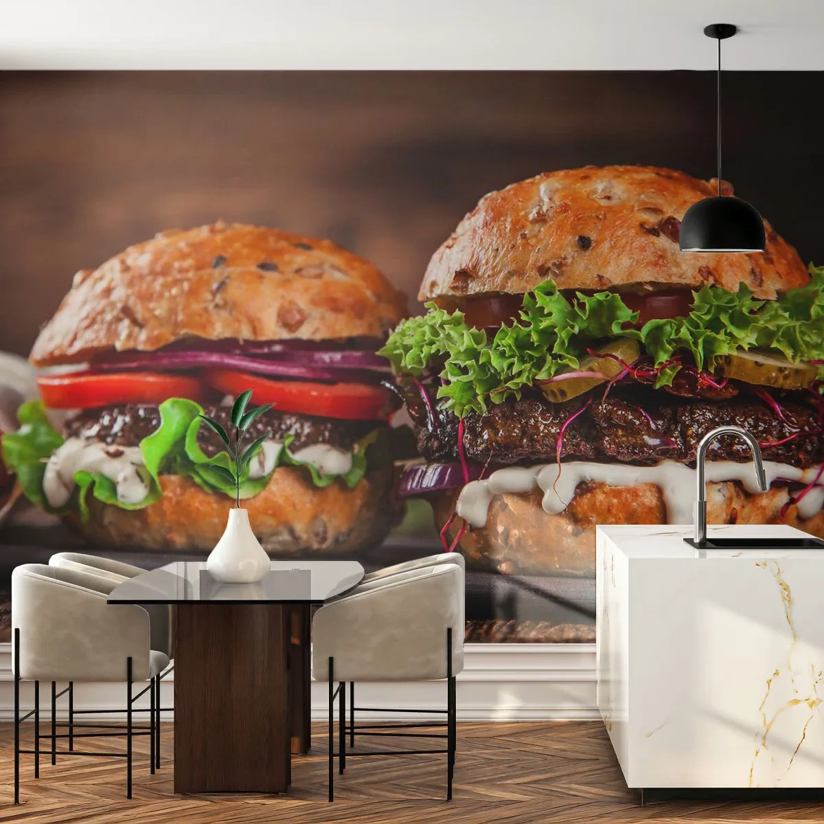 Fotobehang Premium Sand - Amerikaanse droom - Gastronomie, Hamburger, Culinair - 400x280 cm