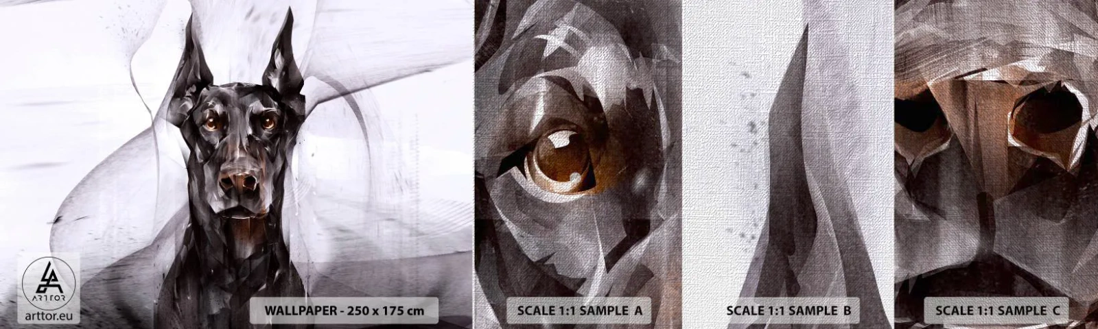 Fotobehang Monster Premium Canvas - Hooggeboren - Abstractie, Doberman, Hond - 100x30 cm
