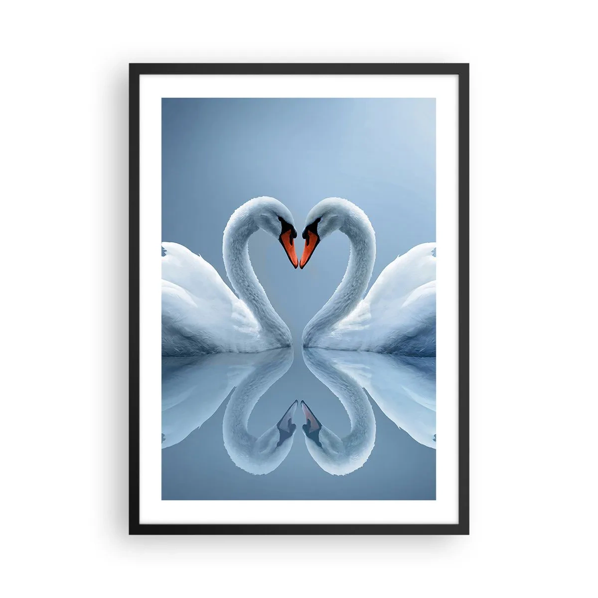 Poster in een zwarte lijst - Hartvormige zwanen tegen de lucht - 50x70cm - Tijd voor liefde - Moderne wanddecoratie voor woonkamer en slaapkamer ARTTOR
