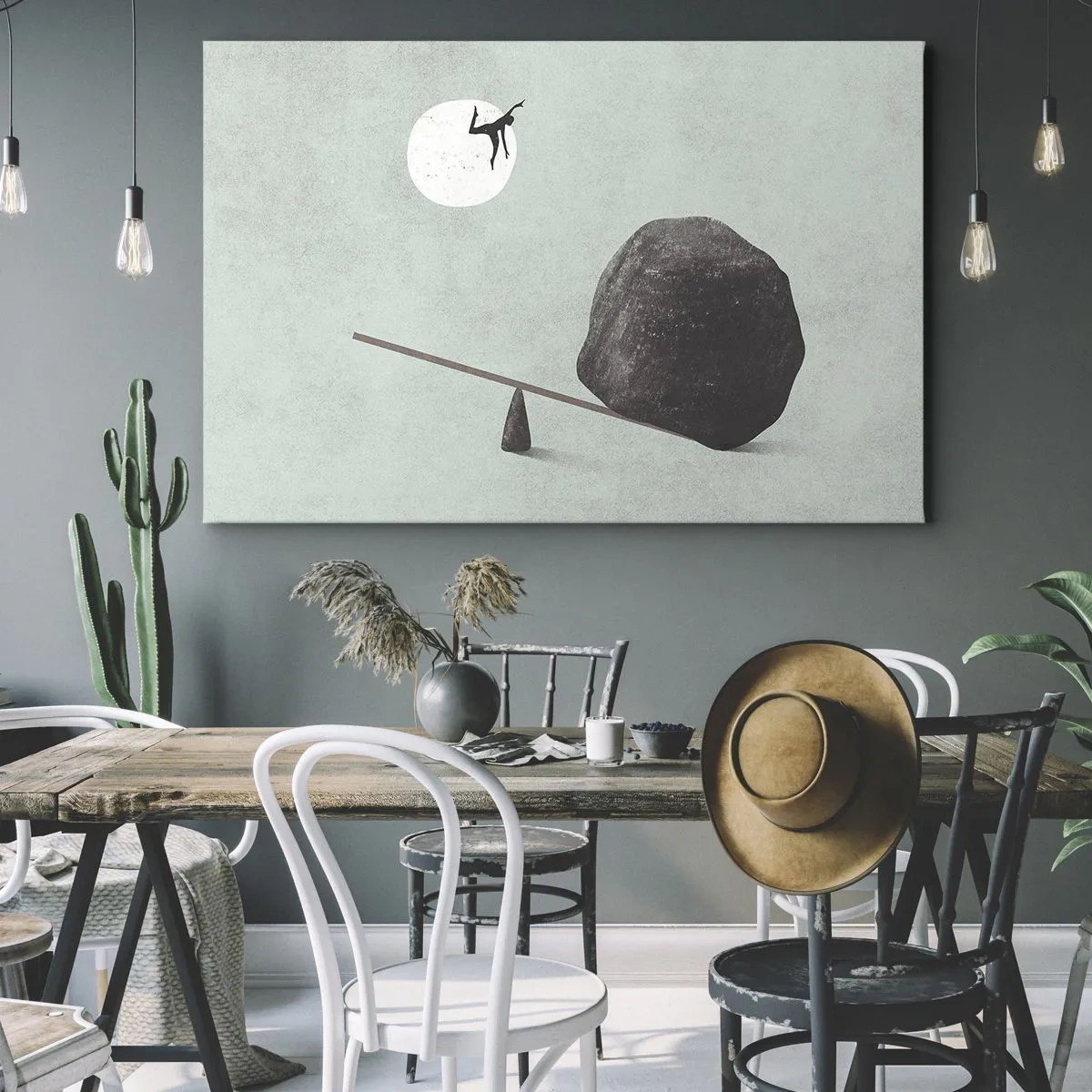 Schilderen op canvas - Een symbolisch tafereel met een figuur en een balans tegen een heldere lucht. - 70x50cm - Vervulde dromen - Moderne wanddecoratie voor woonkamer en slaapkamer ARTTOR