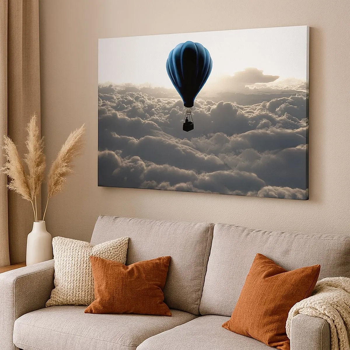 Schilderen op canvas - Een heteluchtballon tegen een lucht met wolken bij zonsondergang - 70x50cm - Een zwerver boven de wolken - Moderne wanddecoratie voor woonkamer en slaapkamer ARTTOR