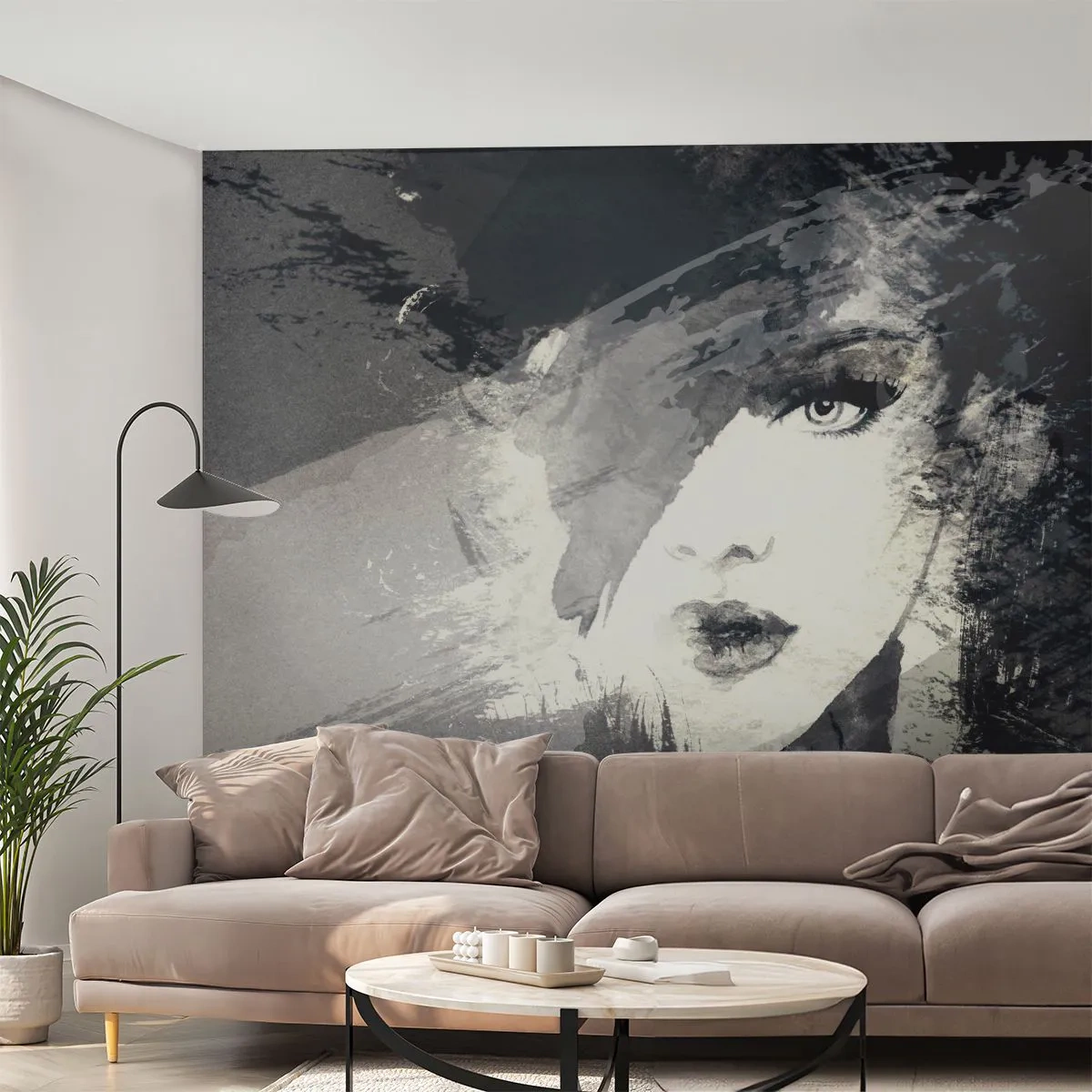 Fotobehang Standard Eco - Abstract portret van een vrouw in zwart-wit tinten - 100x70cm - Achter een grijze sluier - Moderne wanddecoratie voor woonkamer en slaapkamer ARTTOR