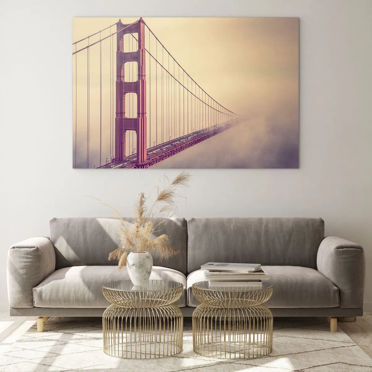 Schilderen op glas - De Golden Gate Bridge van San Francisco in een mistig landschap - 70x50cm - Tussen hemel en aarde - Moderne wanddecoratie voor woonkamer en slaapkamer ARTTOR