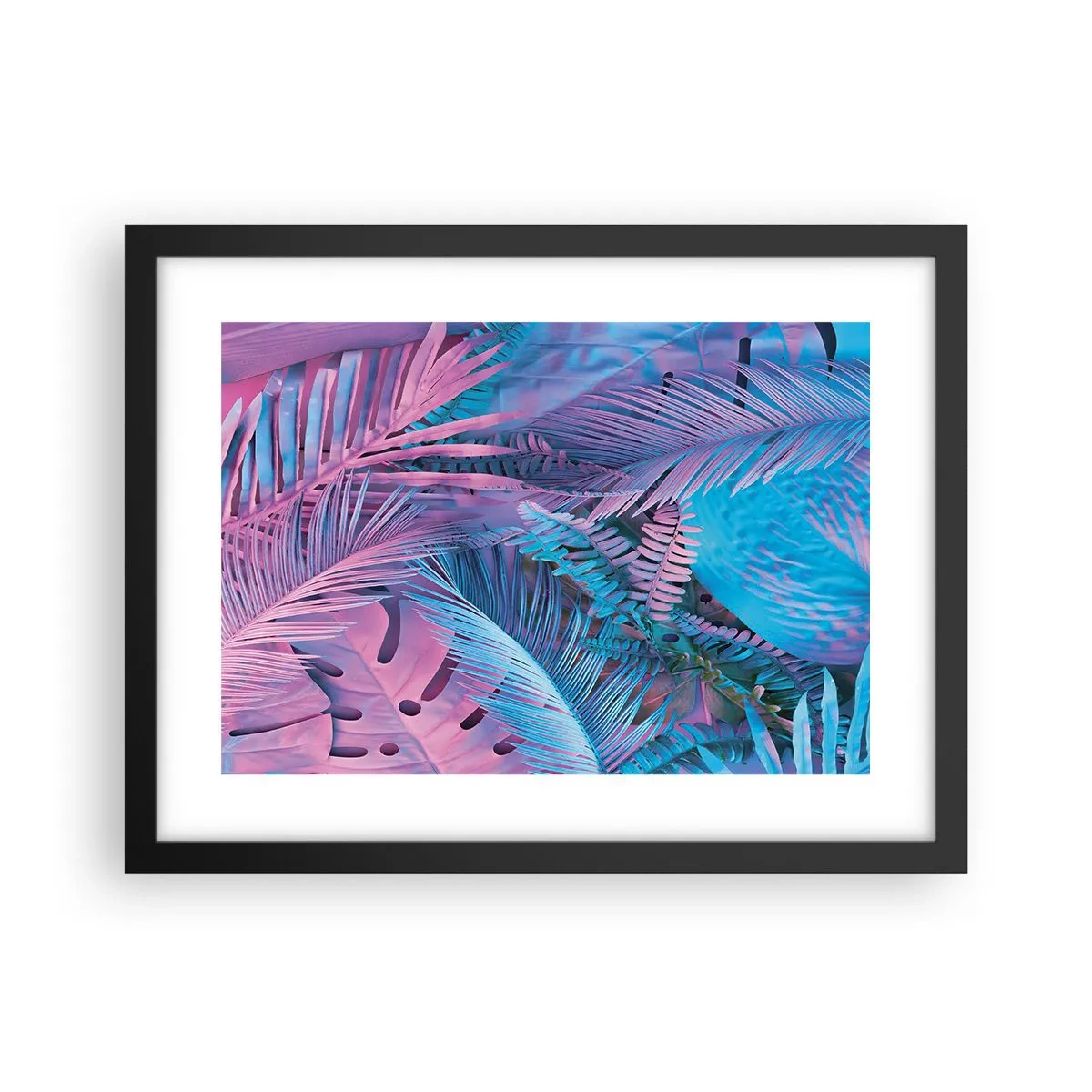 Poster in een zwarte lijst - Tropen in roze en blauw - 40x30 cm