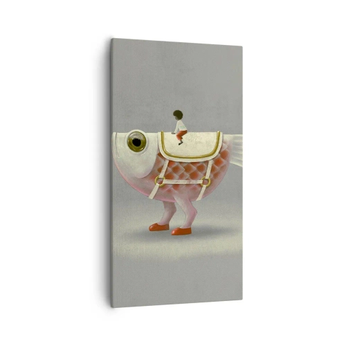 Schilderen op canvas - Ruiter op een surrealistische vis - 55x100 cm