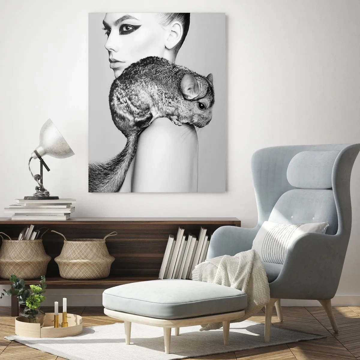 Schilderen op glas - Dame met een chinchilla - 50x70 cm