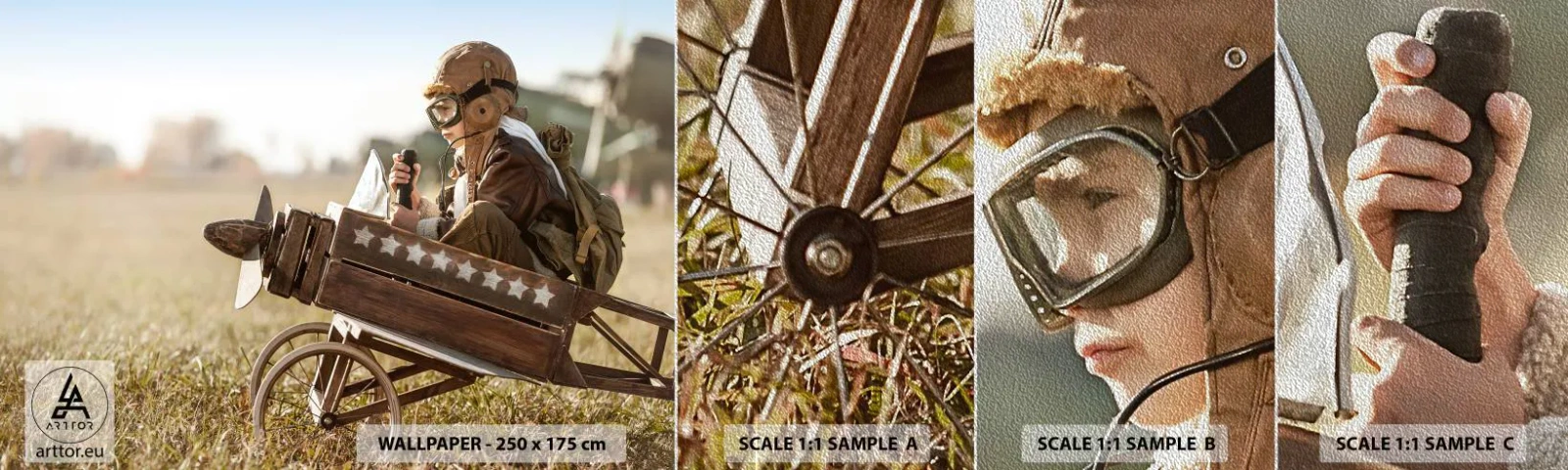 Fotobehang Monster Premium Sand - Begin naar een droom - Jongen, Vliegtuig, Vintage - 100x30 cm