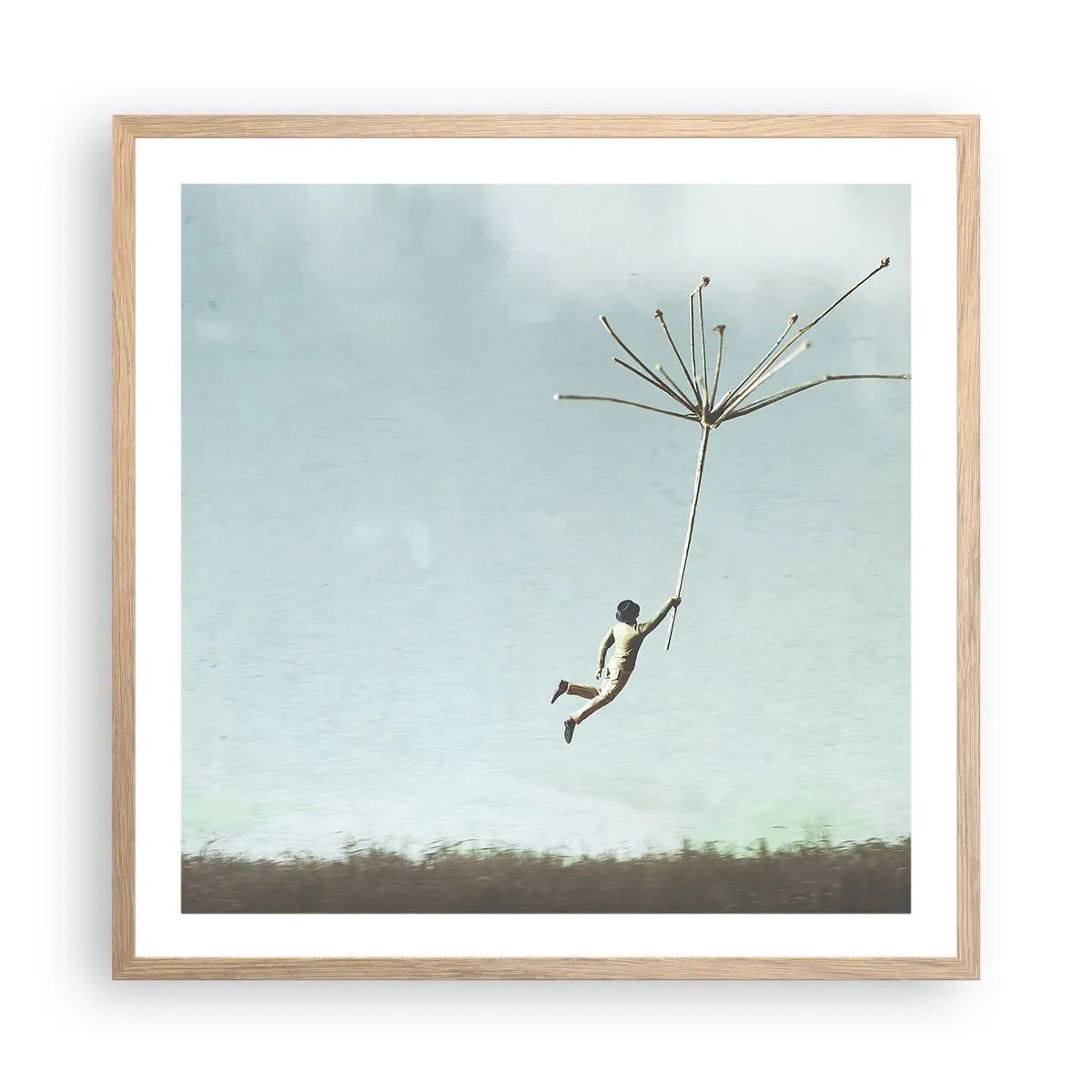 Een poster in een licht eiken lijst - Vliegers, paardebloemen, wind - 60x60 cm