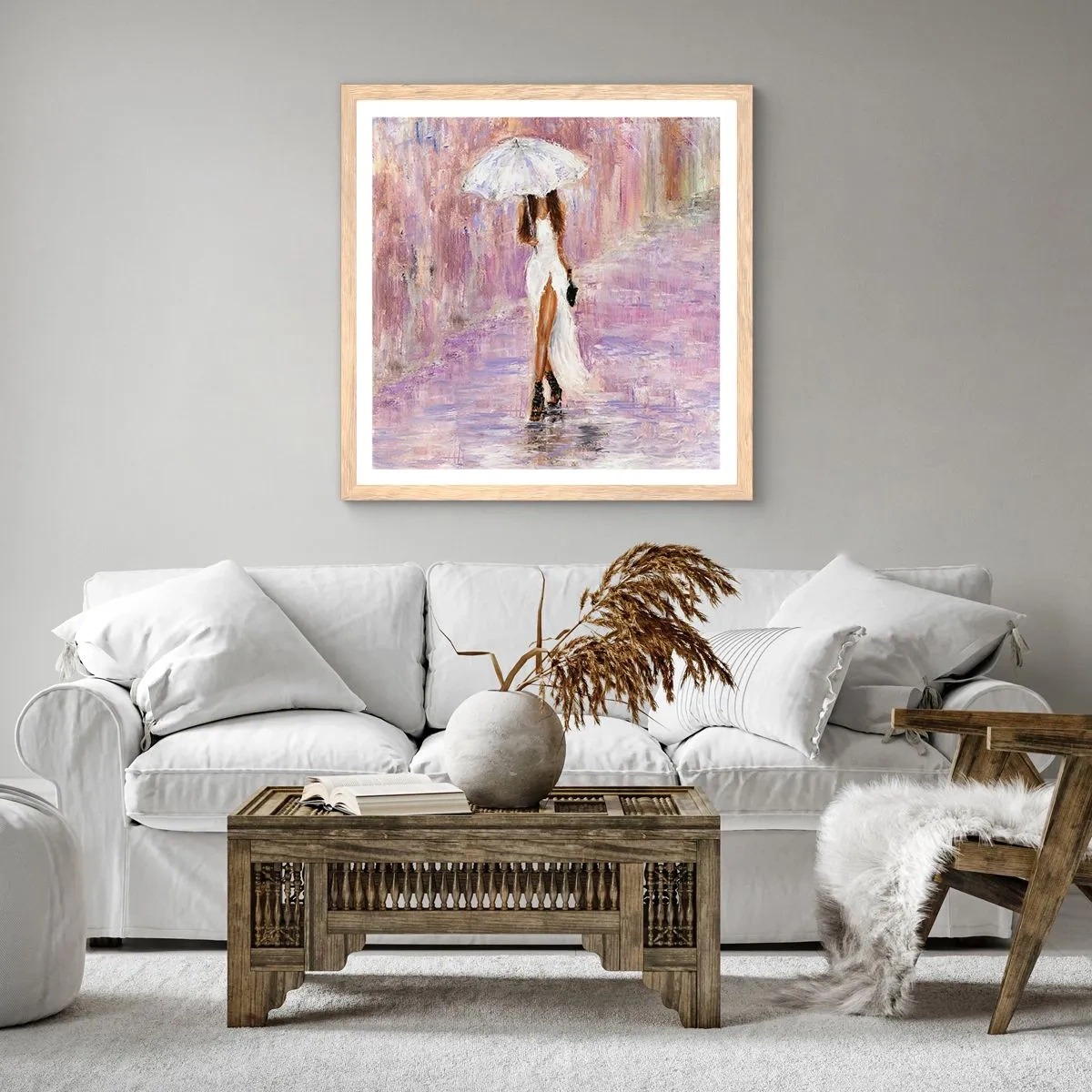 Een poster in een licht eiken lijst - In de lila regen - 30x30 cm