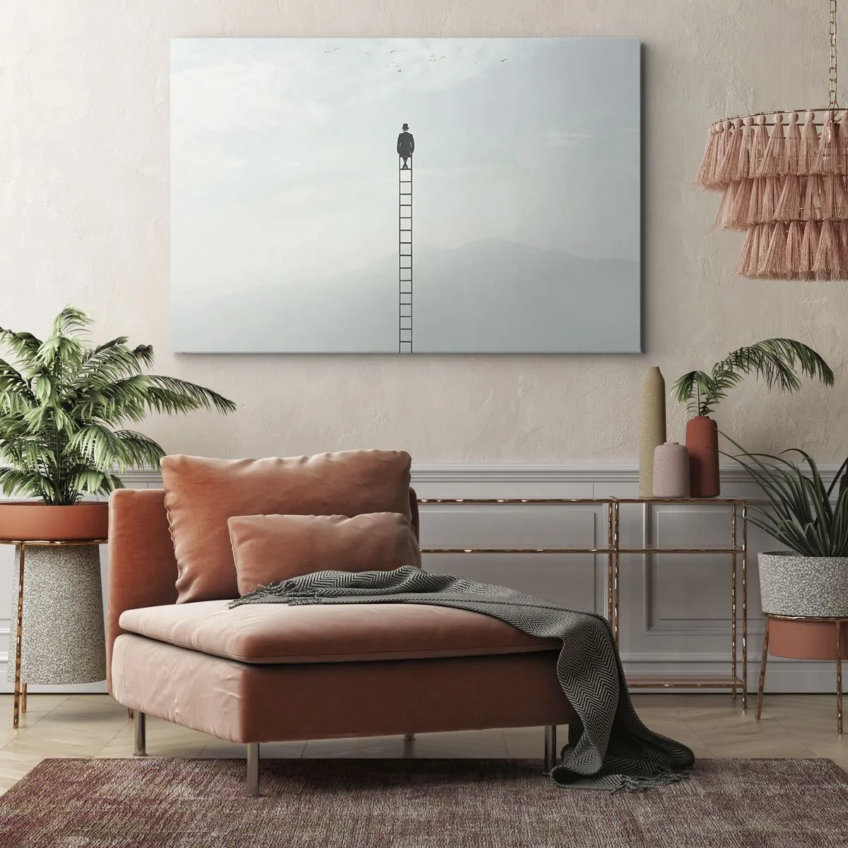 Schilderen op canvas - Een man op een ladder die de lucht in stijgt - 70x50cm - Stap verder op! - Moderne wanddecoratie voor woonkamer en slaapkamer ARTTOR