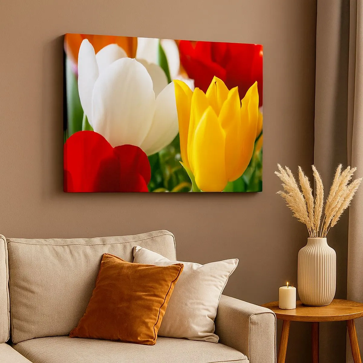 Schilderen op canvas - Close-up van kleurrijke tulpen tegen een lenteachtergrond - 70x50cm - Tulpenkoorts - Moderne wanddecoratie voor woonkamer en slaapkamer ARTTOR