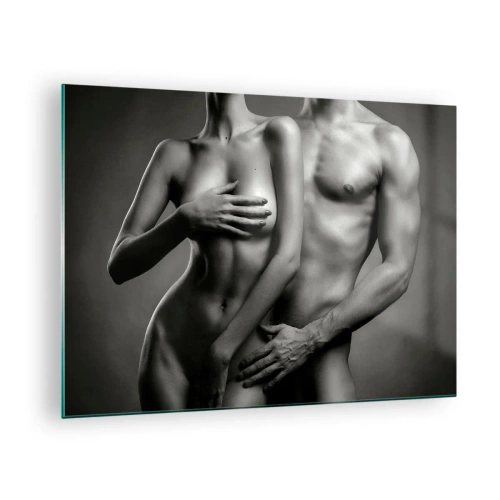 Schilderen op glas - Zwart-witcompositie met naakte silhouetten van een stel - 70x50cm - Adam en Eva - Moderne wanddecoratie voor woonkamer en slaapkamer ARTTOR