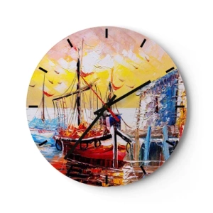Wandklok - Klok - Zeilboten aan de kade in het licht van de ondergaande zon - 30x30cm - Gelukkige terugkeer - Moderne wanddecoratie voor woonkamer, keuken en slaapkamer ARTTOR