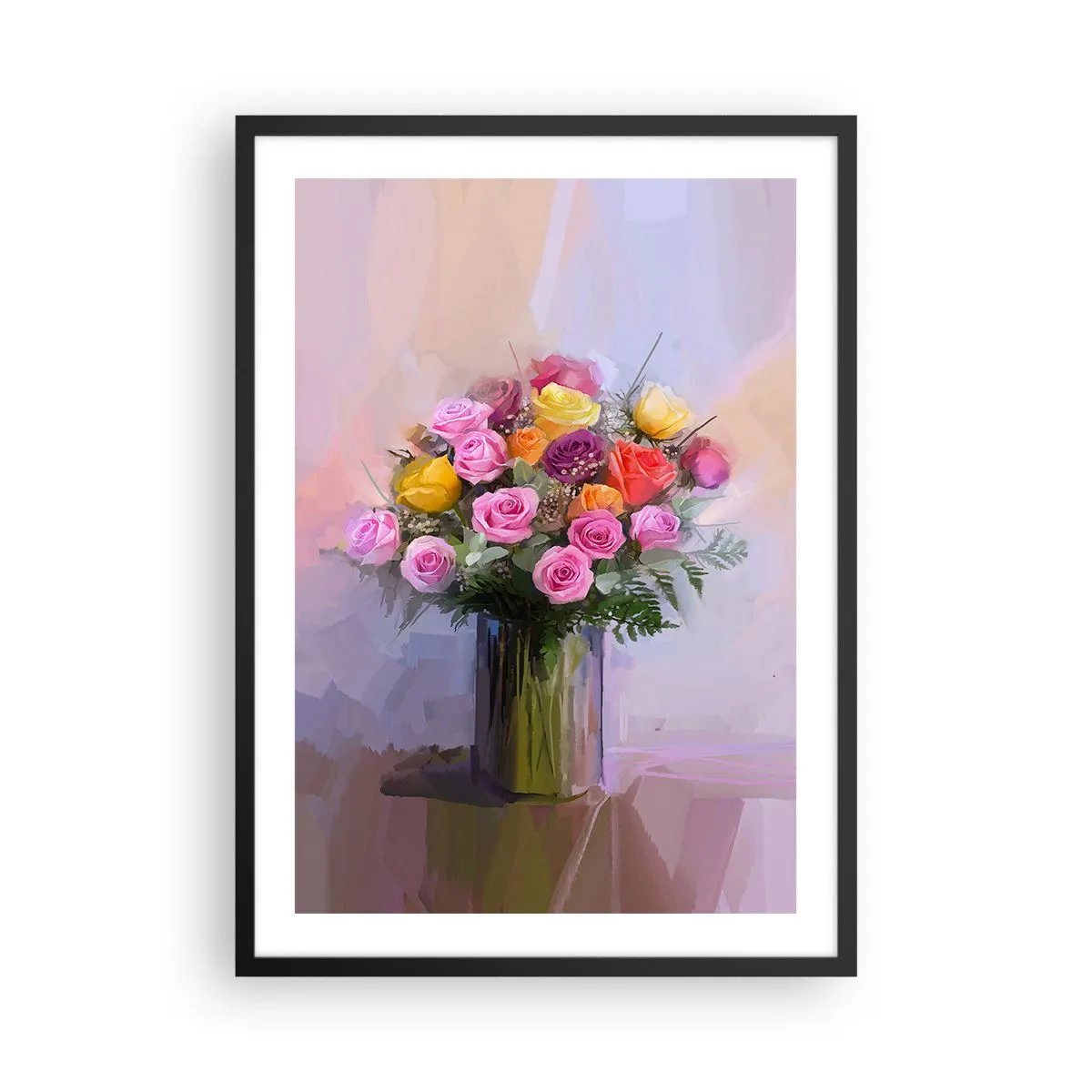 Poster in een zwarte lijst - Een boeket rozen en bloemen in een glazen vaas - 50x70cm - Ingehouden schoonheid - Moderne wanddecoratie voor woonkamer en slaapkamer ARTTOR